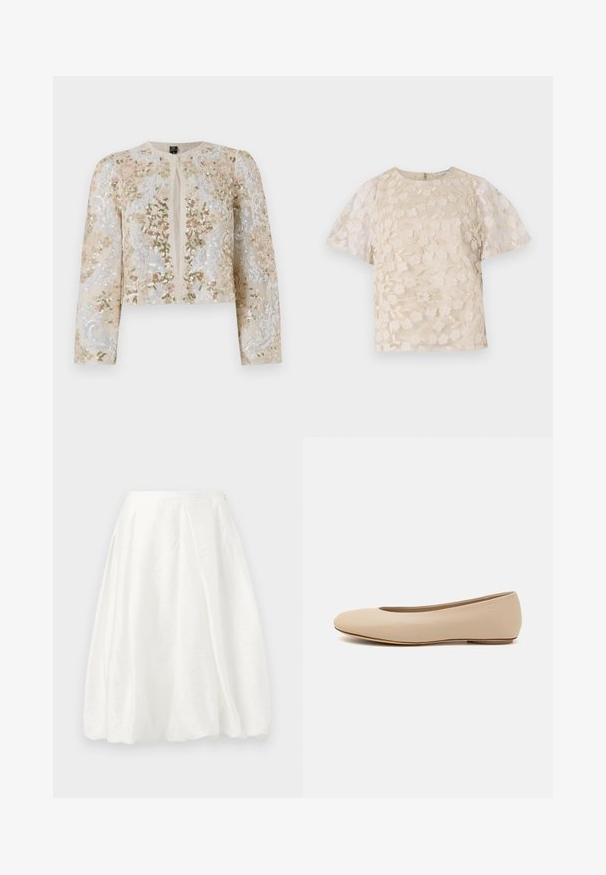 Beige cropattu takki, jossa on pinkkejä, vihreitä ja sinisiä kukkakuvioita. Varustettu pitkillä hihoilla ja pyöreällä kaula-aukolla.; Beige paita, jossa on kukkakirjonta, läpikuultavat puffihihat, pyöreä pääntie ja takana vetoketjusulku. Teksturoitu kukkakuvio etupaneelissa.; Valkoinen, polven pituinen hame, jossa on teksturoitu kangas, korkealla vyötäröllä ja liehuvalla muotoilulla volyymin lisäämiseksi.; Beige nahkara ballet flat dengan ujung bulat, detail jahitan minimal, hak rendah, dan logo halus di bagian belakang. Tekstur halus dan matte.