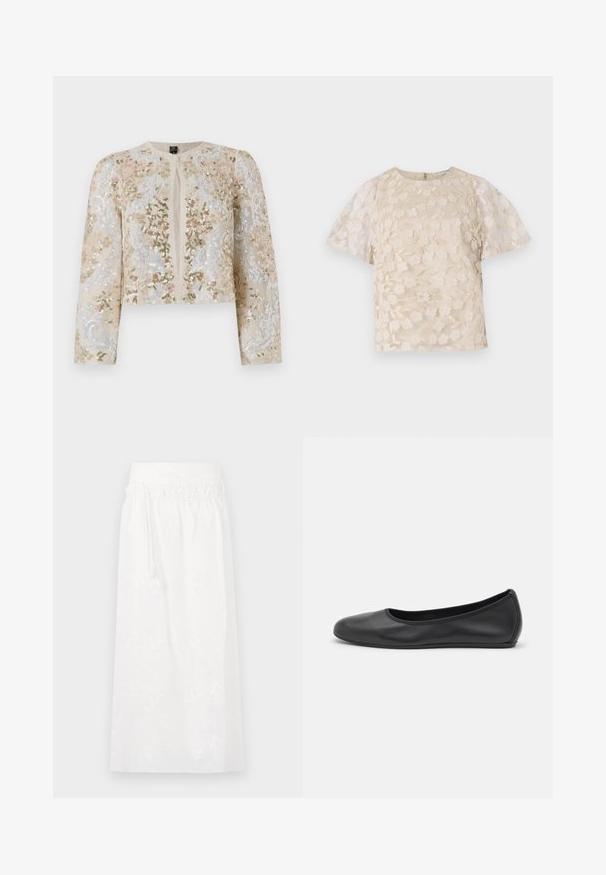 Bestickte, taillierte Jacke in Beige mit blühenden Motiven in Pink, Grün und Blau. Verfügt über lange Ärmel und einen runden Ausschnitt.; Beige Bluse mit floralem Stickmuster, durchsichtigen Puffärmel, Rundhalsausschnitt und Reißverschluss hinten. Texturiertes Blumenmuster auf der Vorderseite.; Weiße Maxiröcke mit elastischem Bund, zarter Blumenstickerei und fließendem Design. Hergestellt aus leichtem Stoff.; Schwarze Leder-Ballettschuhe mit abgerundeter Spitze, glatter Textur, minimalen Nähdetails und einem flexiblen Sohlen-Design.