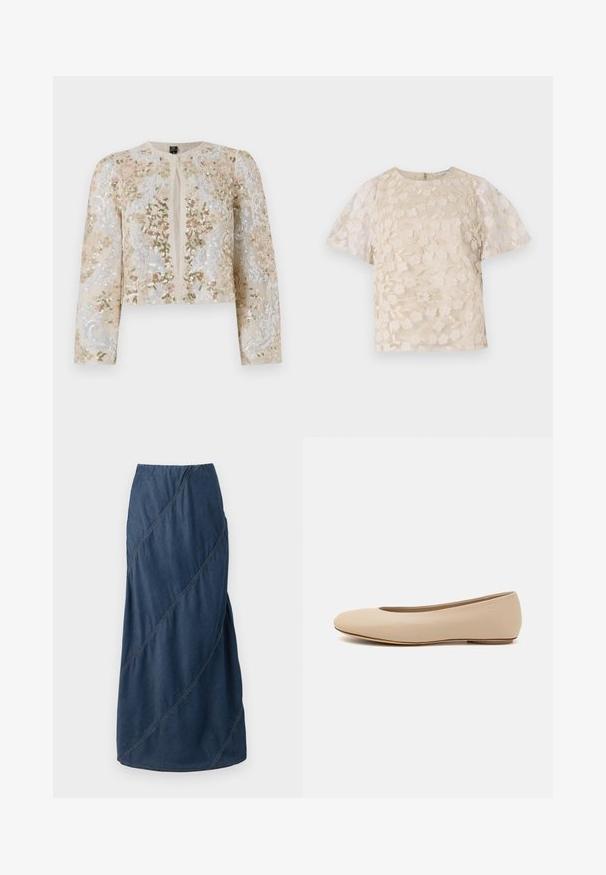 Jachetă scurtă brodată în bej, cu motive florale în roz, verde și albastru. Are mâneci lungi și decolteu rotund.; Bluză bej cu broderie florală, mâneci puff transparent, guler rotund și închidere cu fermoar la spate. Model floral texturat pe panoul din față.; Fustă maxi din denim de culoare albastru închis, cu modele de cusături diagonale și un talie elastică pentru o formă structurată și fluidă.; Balerini din piele bej, cu vârful rotund, detalii de cusătură minime, toc mic și un logo subtil pe partea din spate. Textură netedă, mată.