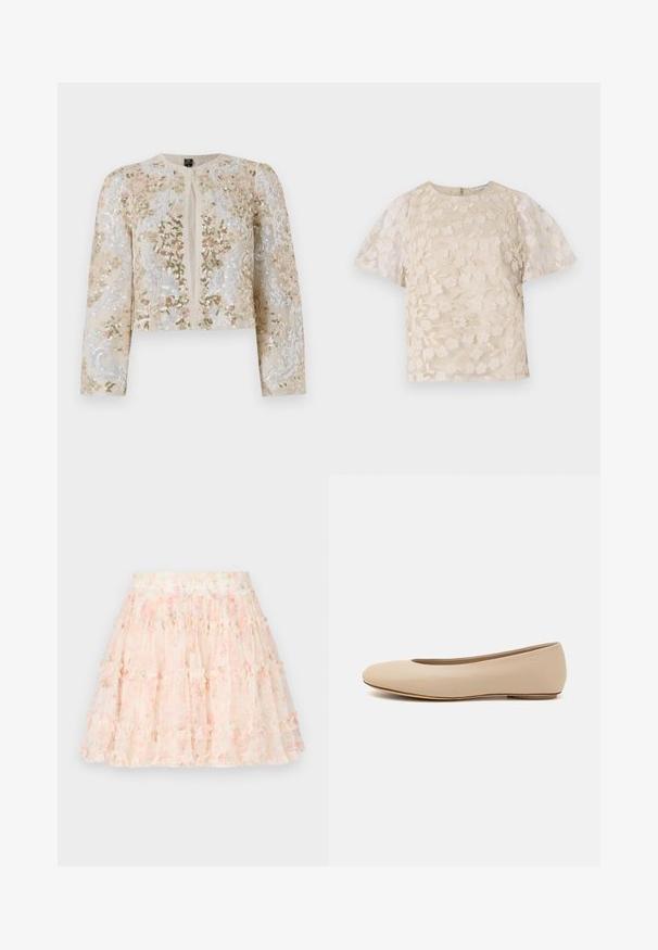 Beige cropattu takki, jossa on pinkkejä, vihreitä ja sinisiä kukkakuvioita. Varustettu pitkillä hihoilla ja pyöreällä kaula-aukolla.; Beige paita, jossa on kukkakirjonta, läpikuultavat puffihihat, pyöreä pääntie ja takana vetoketjusulku. Teksturoitu kukkakuvio etupaneelissa.; Needle & Thread DITSY SMOCKED MICRO MINI SKIRT - Minihame - moonshine pink; Beige nahkara ballet flat dengan ujung bulat, detail jahitan minimal, hak rendah, dan logo halus di bagian belakang. Tekstur halus dan matte.