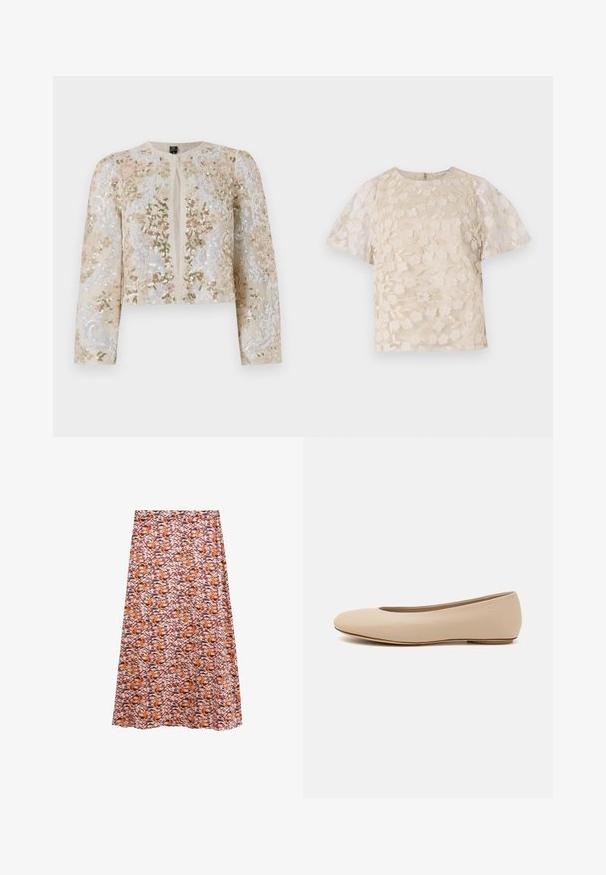Bestickte, taillierte Jacke in Beige mit blühenden Motiven in Pink, Grün und Blau. Verfügt über lange Ärmel und einen runden Ausschnitt.; Beige Bluse mit floralem Stickmuster, durchsichtigen Puffärmel, Rundhalsausschnitt und Reißverschluss hinten. Texturiertes Blumenmuster auf der Vorderseite.; Midikleid aus leichtem Stoff mit einem gewagten, orange-braun-pinken abstrakten Muster, das eine glatte Textur und eine fließende Silhouette aufweist.; Beige Leder-Ballerina mit runder Zehenform, minimaler Nahtgestaltung, niedrigem Absatz und dezentem Logo auf der Rückseite. Glatte, matten Oberfläche.