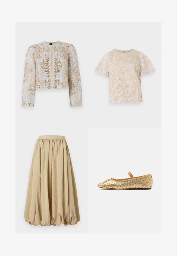 Giacca cropped ricamata in beige con motivi floreali in rosa, verde e blu. Presenta maniche lunghe e scollo rotondo.; Blusa beige con ricami floreali, maniche a sbuffo trasparenti, scollatura tonda e chiusura con cerniera sul retro. Motivo floreale testurizzato sul pannello anteriore.; Gonna midi beige con vita arricciata, tessuto fluido e forma ampia, caratterizzata da una superficie testurizzata e leggeri dettagli a piega.; Loeffler Randall LEONIE SOFT BALLET FLAT - Ballerine con cinturino - gold