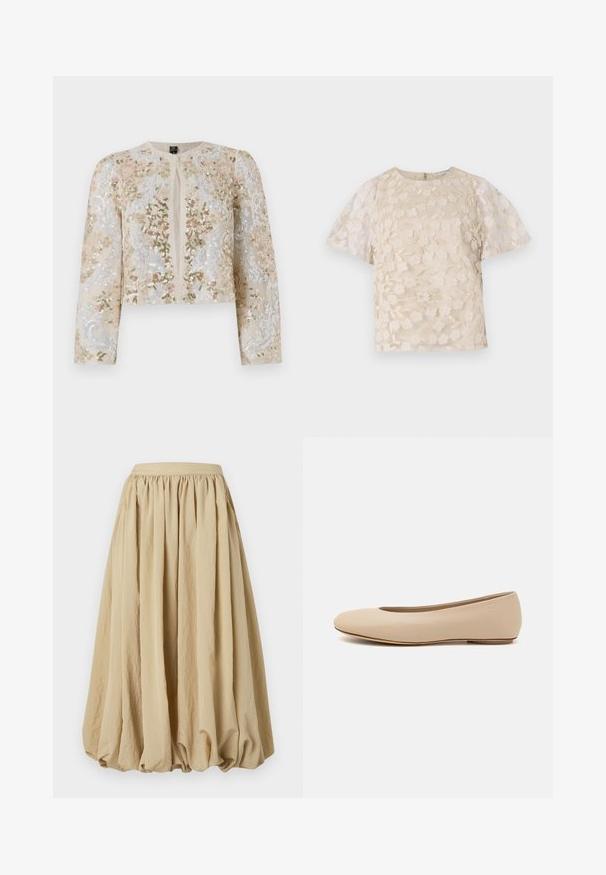 Vyvŕtaná skrátená bunda béžovej farby s kvetinovými motívmi v ružovej, zelenej a modrej. Má dlhé rukávy a okrúhly výstrih.; Béžová blúzka s kvetinovou výšivkou, priesvitnými balónovými rukávmi, okrúhlym výstrihom a zadným zipsom. Textúrovaný kvetinový vzor na prednom panely.; Beige midi sukňa s nastaveným pásom, prúdiacou tkaninou a objemovým strihom, so štruktúrovaným povrchom a jemnými vráskami.; Béžové kožené baleríny s okrúhlym prstom, minimálnym švom, nízkym podpätkom a diskrétnym logom na zadnej strane. Hladká, matná textura.