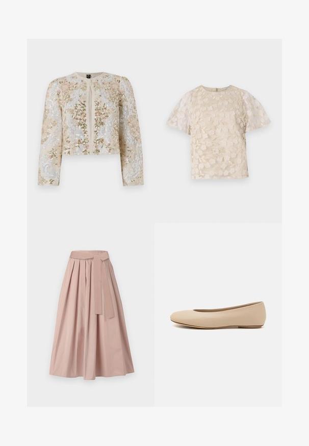 Broderet cropped jakke i beige med blomstermotiv i pink, grøn og blå. Har lange ærmer og rund halsudskæring.; Beige bluse med blomsterbroderi, gennemsigtige puffærmer, rund halsudskæring og lynlåslukning i ryggen. Struktureret blomsterdesign på forpanelet.; Rosa midikjole lavet af struktureret stof, med plisseringer, en bundet taljebælte og en A-linje silhuet. Glat tekstur uden synlige mønstre.; Beige læder balletflade med afrundet tå, minimal sømdetaljering, lav hæl og subtilt logo på bagsiden. Glat, mat tekstur.