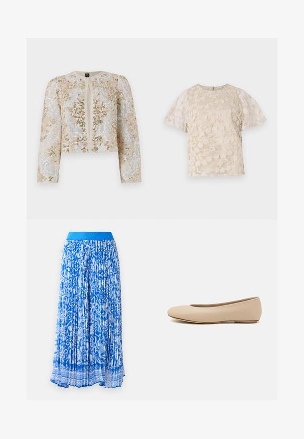 Vyvŕtaná skrátená bunda béžovej farby s kvetinovými motívmi v ružovej, zelenej a modrej. Má dlhé rukávy a okrúhly výstrih.; Béžová blúzka s kvetinovou výšivkou, priesvitnými balónovými rukávmi, okrúhlym výstrihom a zadným zipsom. Textúrovaný kvetinový vzor na prednom panely.; Modrá plisovaná sukňa s bielym zložitým kvetinovým vzorom a jednofarebným modrým pásom. Tkanina má hladkú, plynulú textúru.; Béžové kožené baleríny s okrúhlym prstom, minimálnym švom, nízkym podpätkom a diskrétnym logom na zadnej strane. Hladká, matná textura.