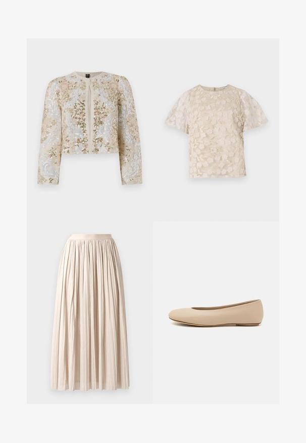 Giacca cropped ricamata in beige con motivi floreali in rosa, verde e blu. Presenta maniche lunghe e scollo rotondo.; Blusa beige con ricami floreali, maniche a sbuffo trasparenti, scollatura tonda e chiusura con cerniera sul retro. Motivo floreale testurizzato sul pannello anteriore.; Gonna midi plissettata in tessuto beige chiaro. Presenta una vita elasticizzata e un design fluido, con una finitura testurizzata e una caduta morbida.; Ballerine in pelle beige con punta arrotondata, dettagli di cucitura minimi, tacco basso e logo discreto sul retro. Texture liscia e opaca.