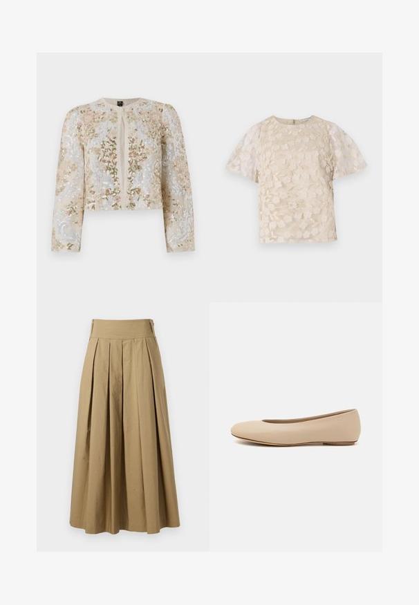 Bestickte, taillierte Jacke in Beige mit blühenden Motiven in Pink, Grün und Blau. Verfügt über lange Ärmel und einen runden Ausschnitt.; Beige Bluse mit floralem Stickmuster, durchsichtigen Puffärmel, Rundhalsausschnitt und Reißverschluss hinten. Texturiertes Blumenmuster auf der Vorderseite.; Khakifarbener, plissierter Rock mit hohem Taillenbund, aus Baumwolle gefertigt. Verfügt über ein schwingendes Design und der Saum ist mit feinen Nähten verziert.; Beige Leder-Ballerina mit runder Zehenform, minimaler Nahtgestaltung, niedrigem Absatz und dezentem Logo auf der Rückseite. Glatte, matten Oberfläche.