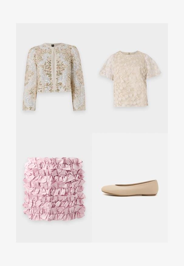 Hímesített, bézs színű, cropped dzseki rózsaszín, zöld és kék virágmotívumokkal. Hosszú ujjaival és kerek nyakkivágásával rendelkezik.; Beige blúz virágos hímzéssel, áttetsző puffos ujjakkal, kerek nyakkivágással és hátsó cipzáras zárással. Textúrált virágmintázat az elülső panelen.; Rózsaszín fodros anyag, amely több réteg lágy, selyemhez hasonló textúrával és gyűrt szélekkel rendelkezik. Téglalap alakú, gazdag, egyenletes színben.; Beige bőr balettcipő lekerekített orral, minimális varrás részletekkel, alacsony sarkú és diszkrét logóval a hátsó részen. Simább, matt textúrájú.