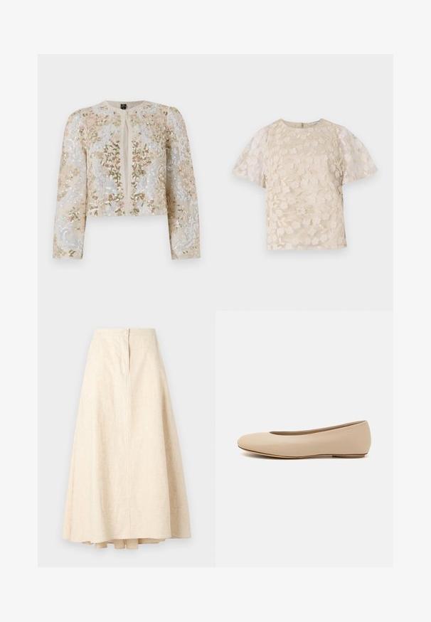 Vyvŕtaná skrátená bunda béžovej farby s kvetinovými motívmi v ružovej, zelenej a modrej. Má dlhé rukávy a okrúhly výstrih.; Béžová blúzka s kvetinovou výšivkou, priesvitnými balónovými rukávmi, okrúhlym výstrihom a zadným zipsom. Textúrovaný kvetinový vzor na prednom panely.; Piesková ľanová midi sukňa so zvonovým strihom, stredným švom a dekoratívnym gombíkom na páse. Hladká textúra a ľahký materiál.; Béžové kožené baleríny s okrúhlym prstom, minimálnym švom, nízkym podpätkom a diskrétnym logom na zadnej strane. Hladká, matná textura.