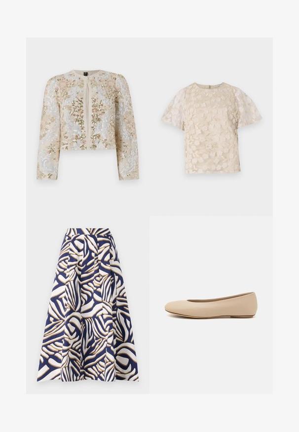 Hímesített, bézs színű, cropped dzseki rózsaszín, zöld és kék virágmotívumokkal. Hosszú ujjaival és kerek nyakkivágásával rendelkezik.; Beige blúz virágos hímzéssel, áttetsző puffos ujjakkal, kerek nyakkivágással és hátsó cipzáras zárással. Textúrált virágmintázat az elülső panelen.; Térd fölötti pamut szoknya, tengerészkék háttérrel, az élénk fehér és arany absztrakt minták díszítik; a redők extra volumenet biztosítanak.; Beige bőr balettcipő lekerekített orral, minimális varrás részletekkel, alacsony sarkú és diszkrét logóval a hátsó részen. Simább, matt textúrájú.