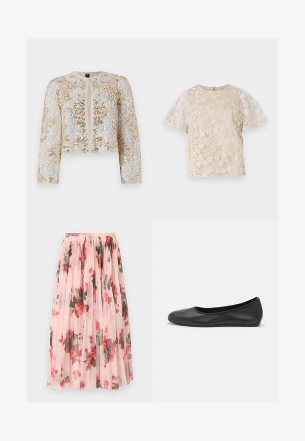 Vyšívaná zkrácená bunda v béžové barvě s květinovými motivy v růžové, zelené a modré. Má dlouhé rukávy a kulatý výstřih.; Beige blůza s květinovou výšivkou, průhlednými nadýchanými rukávy, kulatým výstřihem a zipovým uzávěrem na zádech. Texturovaný květinový vzor na předním panelu.; Tylová sukně se světle růžovým základem, zdobená květinovým vzorem v červené a zelené barvě. Materiál je průhledný a má na pasu nařasené sklady.; Černé kožené baletní byty s kulatou špičkou, hladkou texturou, minimálními švy a flexibilním designem podrážky.