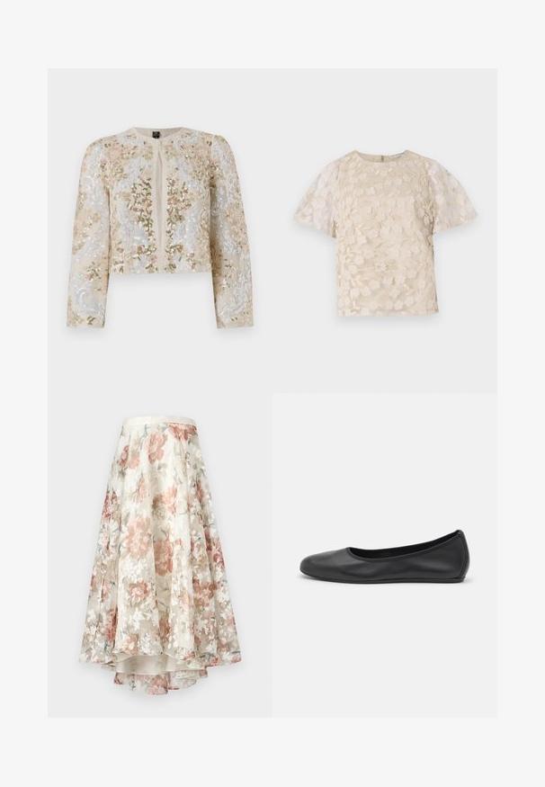 Izvezena krajšana jakna v bež barvi s cvetličnimi motivi v roza, zeleni in modri barvi. Ima dolge rokave in okroglo ovratnico.; Bežna bluzica s cvetnim vezenjem, prozirnim nabranim rukavima, okruglim izrezom i zatvaranjem na zipu na leđima. Tekstualni cvetni uzorak na prednjem panelu.; Cvetna midi krila iz prozornine tkanine, z visokim in nizkim robom, na kremnem ozadju s cvetovi v pastelnem tonu v rožnati, beli in zeleni barvi.; Črne usnjene balerinke z zaobljenim nosom, gladko teksturo, minimalnimi šivi in fleksibilno zasnovo podplata.
