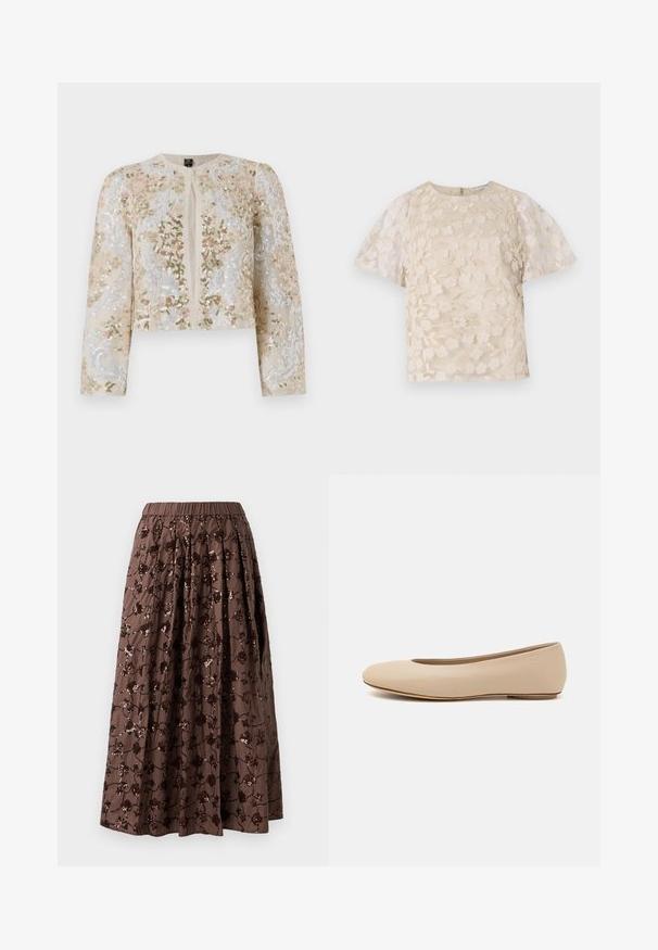 Bestickte, taillierte Jacke in Beige mit blühenden Motiven in Pink, Grün und Blau. Verfügt über lange Ärmel und einen runden Ausschnitt.; Beige Bluse mit floralem Stickmuster, durchsichtigen Puffärmel, Rundhalsausschnitt und Reißverschluss hinten. Texturiertes Blumenmuster auf der Vorderseite.; Brauner Midirock mit elastischem Bund, verziert mit floralen Pailletten, mit plissiertem Design und glatter Stofftextur.; Beige Leder-Ballerina mit runder Zehenform, minimaler Nahtgestaltung, niedrigem Absatz und dezentem Logo auf der Rückseite. Glatte, matten Oberfläche.