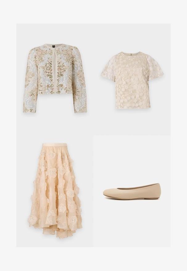 Vyšívaná zkrácená bunda v béžové barvě s květinovými motivy v růžové, zelené a modré. Má dlouhé rukávy a kulatý výstřih.; Beige blůza s květinovou výšivkou, průhlednými nadýchanými rukávy, kulatým výstřihem a zipovým uzávěrem na zádech. Texturovaný květinový vzor na předním panelu.; Béžová tylová sukně s vrstvenou květinovou výšivkou, zdobená flitry a s upraveným pasem, s volným lemováním.; Béžové kožené baletní byty s kulatou špičkou, minimálním prošíváním, nízkým podpatkem a decentním logem na zadní straně. Hladký, matný povrch.