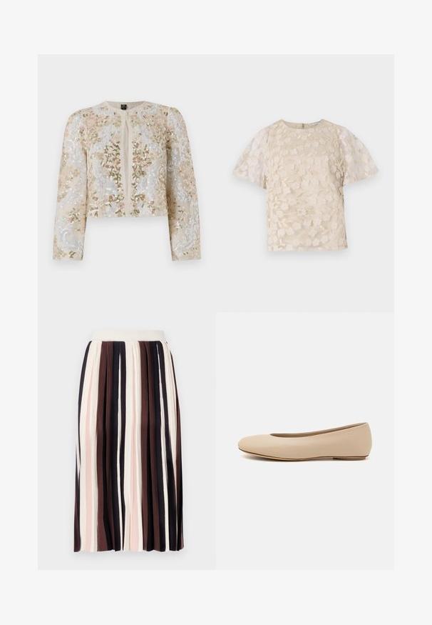 Beige siuvinėtas trumpas švarkas su rožinėmis, žaliomis ir mėlynomis gėlėmis. Turi ilgas rankoves ir apvalų iškirpimą.; Bežinė blusa su gėlėmis siuvinėjimu, permatomos pūstinės rankovės, apvali iškirptė ir užtrauktuko uždarymas nugaros pusėje. Tekstūruotas gėlių raštas priekinėje pusėje.; Plisuota sijonas su vertikaliomis juostelėmis tamsiai rudos, šviesiai rožinės ir grietinėlės spalvų atspalviais, su prigludusia liemene ir minkšta, tekstūruota medžiaga.; Šviesiai ruda odinė baleto bateliai su apvaliu galiuku, minimaliais siūlių detalėmis, žemu kulnu ir subtiliu logotipu gale. Lygi, matinė tekstūra.