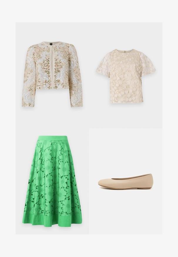 Beige värviga tikandiga lühike jak, millel on roosa, rohelise ja sinise lillemustrid. Omab pikki varrukaid ja ümmargust kaelust.; Beez pluus lilleline tikand, läbipaistvad puffvarrukad, ümmargune kaelus ja tagumine lukuga sulgemine. Tekstureeritud lillemustriga esitahvel.; Roheline seelik, millel on lillelised lõikevad kujundid, sile tekstuur ja hästi istuv vöökoht. Hem on ühtlane ja kergelt laienev.; Beeži nahk balletitossud ümarate varvastega, minimaalse õmbluse detailiga, madala kanna ja diskreetse logoga taga. Sile, mati tekstuur.