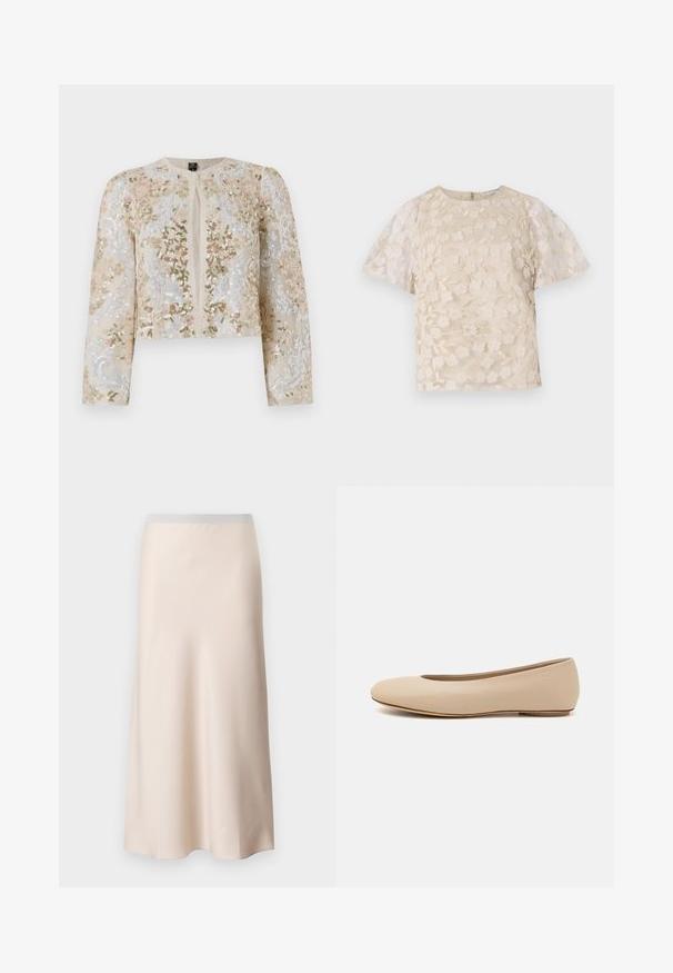 Broderet cropped jakke i beige med blomstermotiv i pink, grøn og blå. Har lange ærmer og rund halsudskæring.; Beige bluse med blomsterbroderi, gennemsigtige puffærmer, rund halsudskæring og lynlåslukning i ryggen. Struktureret blomsterdesign på forpanelet.; Lys beige midi-skjorte med en glat, satinlignende overflade og en lys grå elastisk talje. Flared design, der smalner ind mod kanten.; Beige læder balletflade med afrundet tå, minimal sømdetaljering, lav hæl og subtilt logo på bagsiden. Glat, mat tekstur.
