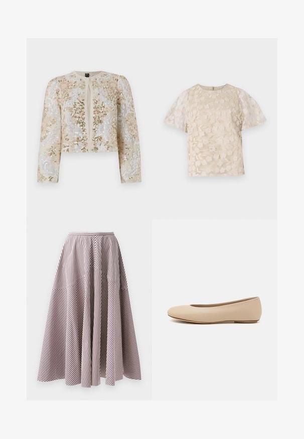 Veste courte brodée en beige avec des motifs floraux en rose, vert et bleu. Comprend des manches longues et un col rond.; Blouse beige avec broderie florale, manches bouffantes transparentes, encolure ronde et fermeture éclair au dos. Motif floral texturé sur le panneau avant.; Jupe rayée avec des lignes verticales blanches et bordeaux, présentant un design évasé et une texture froncée à la taille, fabriquée en tissu léger.; Ballerines en cuir beige avec un bout arrondi, un minimum de coutures, un petit talon et un logo subtil à l'arrière. Texture lisse et mate.