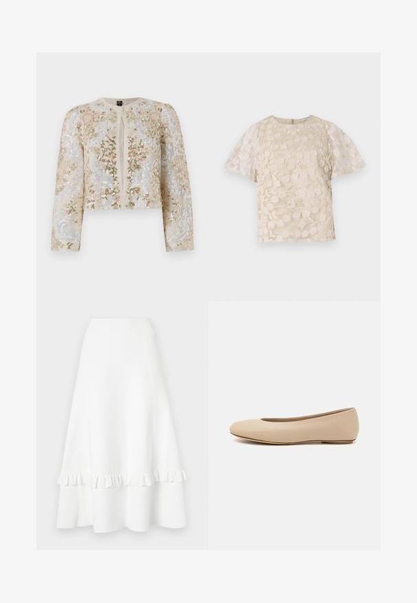 Beige siuvinėtas trumpas švarkas su rožinėmis, žaliomis ir mėlynomis gėlėmis. Turi ilgas rankoves ir apvalų iškirpimą.; Bežinė blusa su gėlėmis siuvinėjimu, permatomos pūstinės rankovės, apvali iškirptė ir užtrauktuko uždarymas nugaros pusėje. Tekstūruotas gėlių raštas priekinėje pusėje.; Balta platėja sijonas, pagamintas iš tekstūruoto audinio, su banguotu kraštu ir aklų dizainu, sklandžiu juosmeniu ir iki kelių siekiančiu ilgiu.; Šviesiai ruda odinė baleto bateliai su apvaliu galiuku, minimaliais siūlių detalėmis, žemu kulnu ir subtiliu logotipu gale. Lygi, matinė tekstūra.