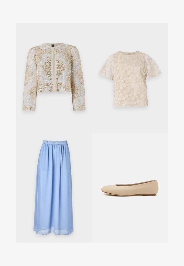 Izšūta īsā jakas stila virsjaka bēšā krāsā ar ziedu motīviem rozā, zaļā un zilā krāsā. Iespējami gari piedurknes un apaļa kakla izgriezums.; Bežīga blūze ar ziedu izšuvumu, caurspīdīgām pūkainām piedurknēm, apaļu dekoltē un aizmugurē esošu rāvējslēdzēju. Strukturēts ziedu raksts uz priekšējā paneļa.; Gaiši zila maxi svārku izgatavota no caurspīdīga auduma ar savilkta josta, ar sudraba pogu detaļām un smalku mazu baltu punktiņu rakstu.; Bežs ādas deju zābaciņš ar noapaļu purngalu, minimālu šuvju detaļām, zemu papēdi un diskrētu logotipu aizmugurē. Gluda, matēta tekstūra.