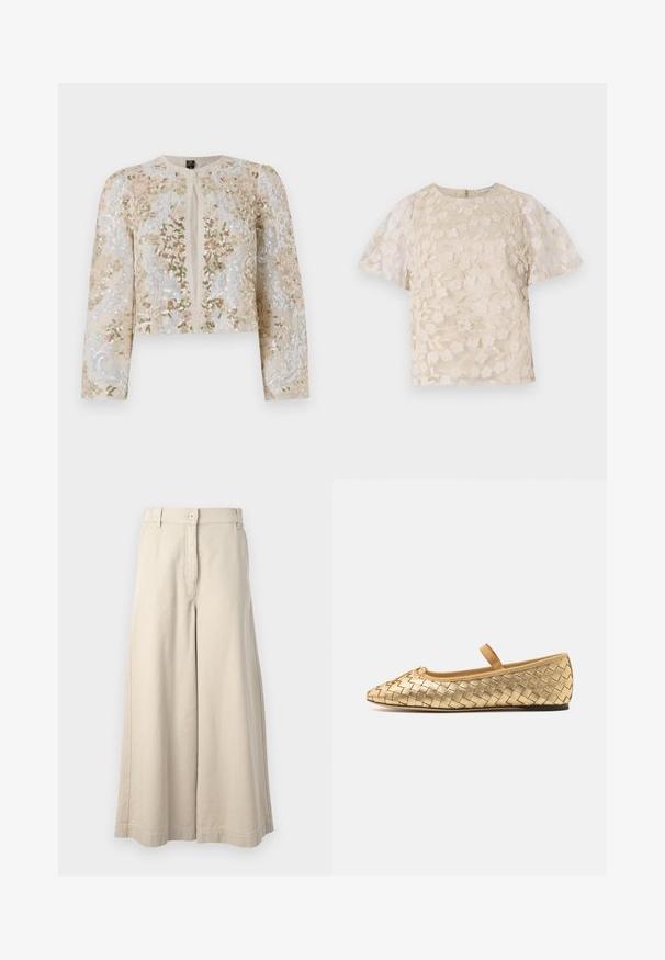Beige cropattu takki, jossa on pinkkejä, vihreitä ja sinisiä kukkakuvioita. Varustettu pitkillä hihoilla ja pyöreällä kaula-aukolla.; Beige paita, jossa on kukkakirjonta, läpikuultavat puffihihat, pyöreä pääntie ja takana vetoketjusulku. Teksturoitu kukkakuvio etupaneelissa.; Vaaleanruskeat leveät housut, joissa on napitus ja etutaskut. Valmistettu pehmeästä puuvillasta, jossa on muotoiltu vyötärö ja siistit viimeistelyt.; Loeffler Randall LEONIE SOFT BALLET FLAT - Ballerinat nilkkaremmillä - gold