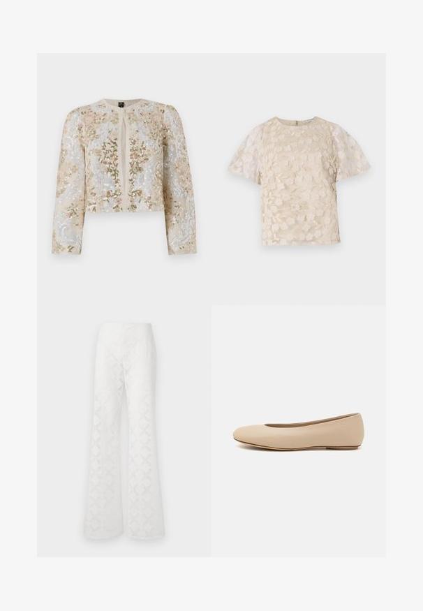 Beżowa haftowana kurtka o kroju crop z kwiatowymi motywami w kolorze różowym, zielonym i niebieskim. Posiada długie rękawy i okrągły dekolt.; Beżowa bluzka z kwiecistym haftem, przezroczystymi bufiastymi rękawami, okrągłym dekoltem i zamkiem błyskawicznym z tyłu. Teksturowany kwiatowy wzór na przednim panelu.; Białe, rozszerzane spodnie z teksturowanej tkaniny, zdobione wzorem w diamenty. Pas jest gładki, bez widocznych elementów metalowych czy akcentów.; Beżowe skórzane baleriny z zaokrąglonym noskiem, minimalnymi szwami, niskim obcasem oraz subtelnym logo z tyłu. Gładka, matowa tekstura.