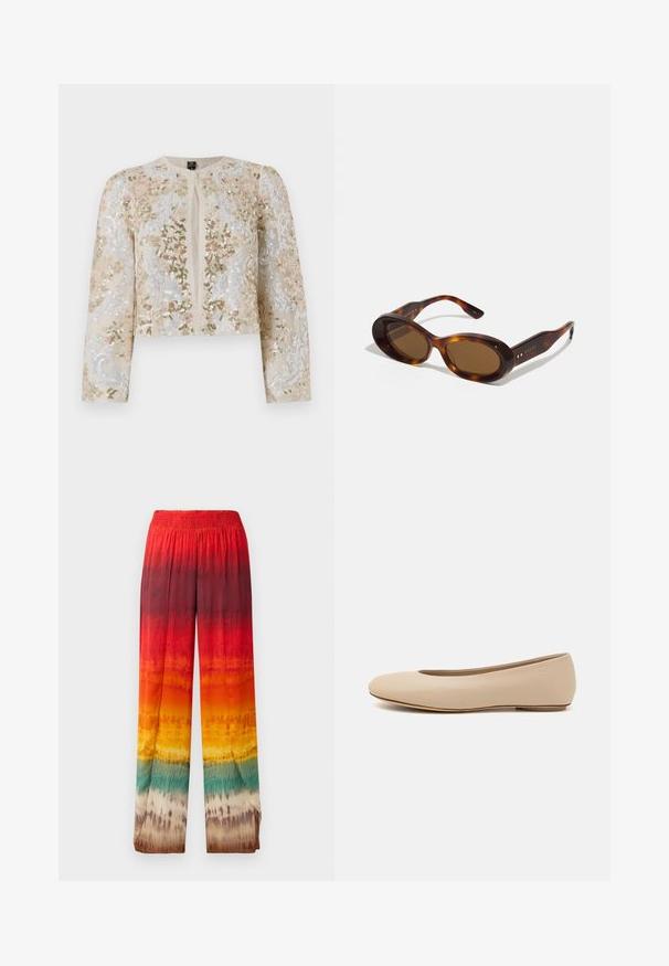 Veste courte brodée en beige avec des motifs floraux en rose, vert et bleu. Comprend des manches longues et un col rond.; Blouse beige avec broderie florale, manches bouffantes transparentes, encolure ronde et fermeture éclair au dos. Motif floral texturé sur le panneau avant.; Pantalons larges avec un motif dégradé en rouge, orange, jaune et vert. Fabriqués en tissu lisse et léger avec une taille élastique.; Ballerines en cuir beige avec un bout arrondi, un minimum de coutures, un petit talon et un logo subtil à l'arrière. Texture lisse et mate.; Lunettes de soleil en écaille de tortue avec des verres ovales, teinte marron et accents dorés sur les branches. Montures épaisses avec une finition brillante et une texture lisse.