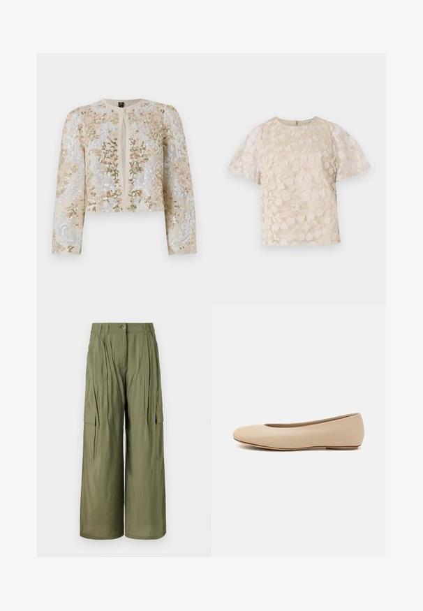 Beige geborduurd cropped jack met florale motieven in roze, groen en blauw. Heeft lange mouwen en een ronde halslijn.; Beige blouse met bloem borduursels, doorschijnende pofmouwen, ronde halslijn en rits op de rug. Getextureerd bloemmotief op het voorpaneel.; Olijfgroene wijdvallende cargobroek met voorplooien, zijzakken en knoopsluiting. Gladde textuur, lichte stof.; Beige leren ballerina met een ronde neus, minimale naaidetailing, lage hak en subtiel logo op de achterkant. Gladde, matte textuur.