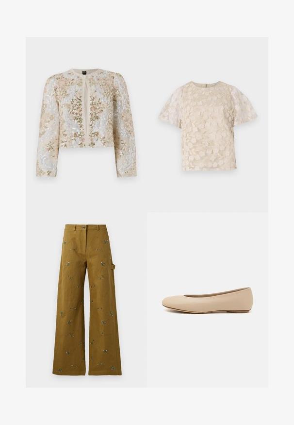 Hímesített, bézs színű, cropped dzseki rózsaszín, zöld és kék virágmotívumokkal. Hosszú ujjaival és kerek nyakkivágásával rendelkezik.; Beige blúz virágos hímzéssel, áttetsző puffos ujjakkal, kerek nyakkivágással és hátsó cipzáras zárással. Textúrált virágmintázat az elülső panelen.; Olíva zöld anyagú, széles szárú nadrág virágos hímzéssel. Gombos záródással és oldalsó zsebekkel rendelkezik. Az egész anyagot texturált varrás díszíti.; Beige bőr balettcipő lekerekített orral, minimális varrás részletekkel, alacsony sarkú és diszkrét logóval a hátsó részen. Simább, matt textúrájú.
