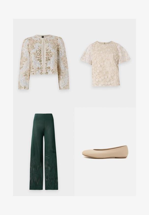 Beżowa haftowana kurtka o kroju crop z kwiatowymi motywami w kolorze różowym, zielonym i niebieskim. Posiada długie rękawy i okrągły dekolt.; Beżowa bluzka z kwiecistym haftem, przezroczystymi bufiastymi rękawami, okrągłym dekoltem i zamkiem błyskawicznym z tyłu. Teksturowany kwiatowy wzór na przednim panelu.; Zielone szerokie spodnie w lekkiej siateczce z zygzakowatym wzorem na dole. Posiadają gładki pas w talii dla zapewnienia komfortu.; Beżowe skórzane baleriny z zaokrąglonym noskiem, minimalnymi szwami, niskim obcasem oraz subtelnym logo z tyłu. Gładka, matowa tekstura.