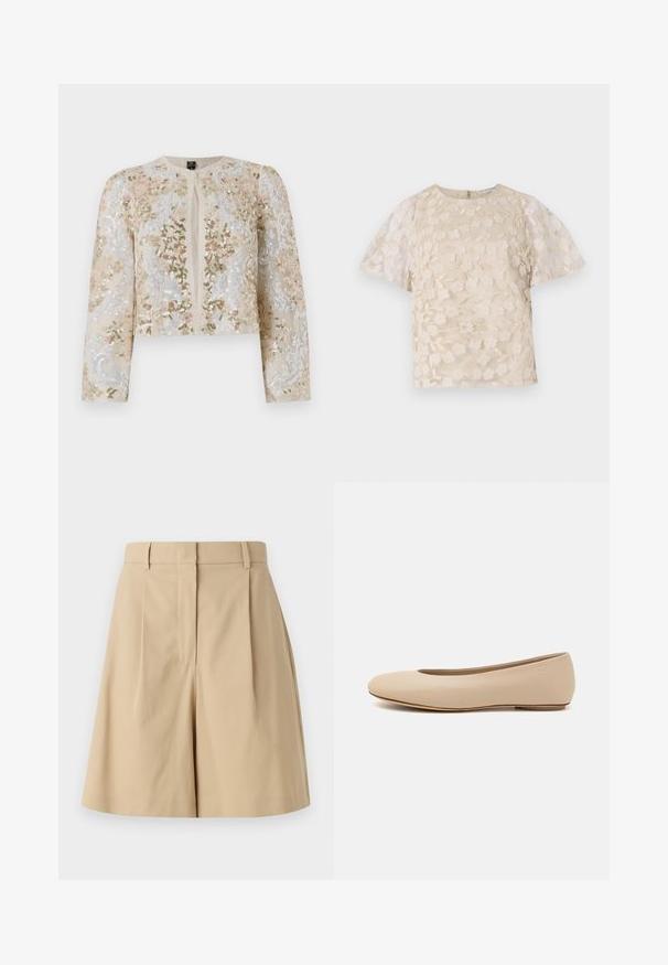 Veste courte brodée en beige avec des motifs floraux en rose, vert et bleu. Comprend des manches longues et un col rond.; Blouse beige avec broderie florale, manches bouffantes transparentes, encolure ronde et fermeture éclair au dos. Motif floral texturé sur le panneau avant.; Shorts plissés beige à taille haute, présentant une texture lisse et sans fermetures visibles, conçus pour une silhouette épurée.; Ballerines en cuir beige avec un bout arrondi, un minimum de coutures, un petit talon et un logo subtil à l'arrière. Texture lisse et mate.