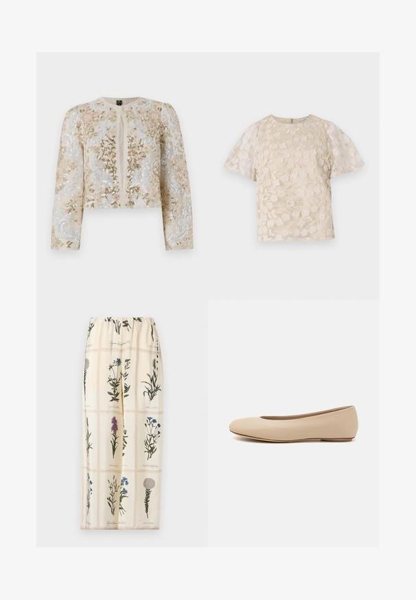 Vyšívaná zkrácená bunda v béžové barvě s květinovými motivy v růžové, zelené a modré. Má dlouhé rukávy a kulatý výstřih.; Beige blůza s květinovou výšivkou, průhlednými nadýchanými rukávy, kulatým výstřihem a zipovým uzávěrem na zádech. Texturovaný květinový vzor na předním panelu.; Sukně s květinovým potiskem na béžovém podkladu, s elastickým pasem a ilustracemi různých květin v zelených, fialových a modrých odstínech.; Béžové kožené baletní byty s kulatou špičkou, minimálním prošíváním, nízkým podpatkem a decentním logem na zadní straně. Hladký, matný povrch.