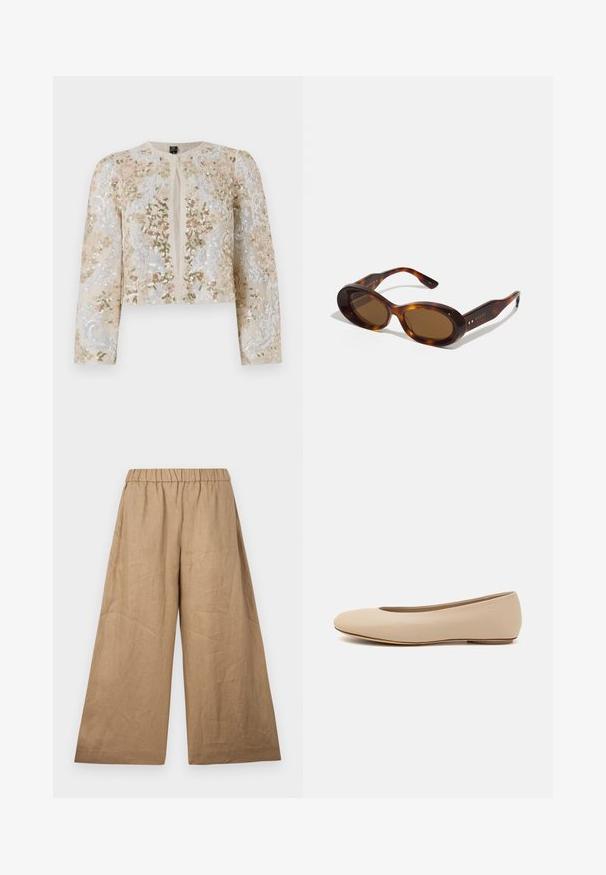 Broderet cropped jakke i beige med blomstermotiv i pink, grøn og blå. Har lange ærmer og rund halsudskæring.; Beige bluse med blomsterbroderi, gennemsigtige puffærmer, rund halsudskæring og lynlåslukning i ryggen. Struktureret blomsterdesign på forpanelet.; Linned brede bukser i en lysebrun nuance, med en samlet elastisk talje og en glat, struktureret overflade.; Beige læder balletflade med afrundet tå, minimal sømdetaljering, lav hæl og subtilt logo på bagsiden. Glat, mat tekstur.; Skildpaddeskals-solbriller med ovale linser, brun nuance, og gyldne detaljer på stængerne. Kraftige rammer med en blank overflade og glat tekstur.