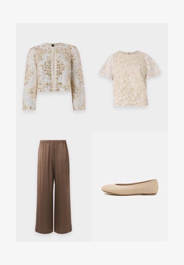 Vyvŕtaná skrátená bunda béžovej farby s kvetinovými motívmi v ružovej, zelenej a modrej. Má dlhé rukávy a okrúhly výstrih.; Béžová blúzka s kvetinovou výšivkou, priesvitnými balónovými rukávmi, okrúhlym výstrihom a zadným zipsom. Textúrovaný kvetinový vzor na prednom panely.; Hnedé široké nohavice s elastickým pásom a hladkou tkaninou, vystavené na jednofarebnom bielom pozadí.; Béžové kožené baleríny s okrúhlym prstom, minimálnym švom, nízkym podpätkom a diskrétnym logom na zadnej strane. Hladká, matná textura.