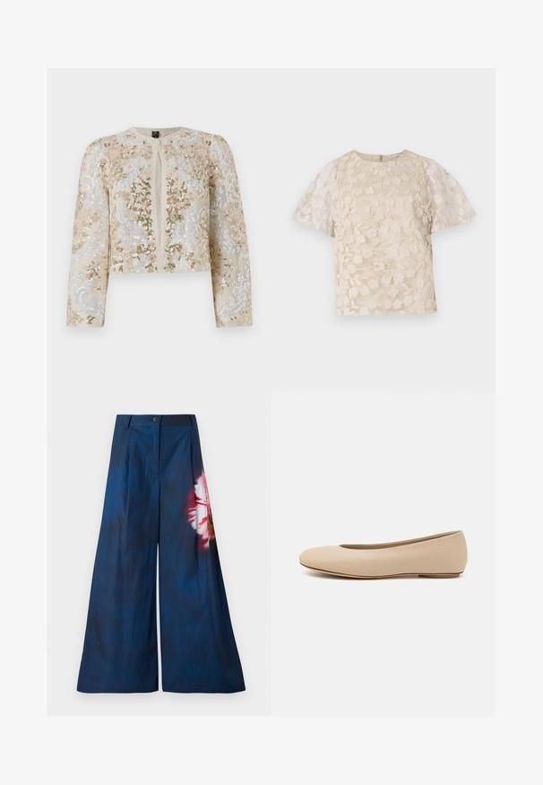 Beige geborduurd cropped jack met florale motieven in roze, groen en blauw. Heeft lange mouwen en een ronde halslijn.; Beige blouse met bloem borduursels, doorschijnende pofmouwen, ronde halslijn en rits op de rug. Getextureerd bloemmotief op het voorpaneel.; Wijde broek in donkerblauwe stof, met een bloemenprint in roze en geel aan één kant, met een knoopsluiting bij de taille.; Beige leren ballerina met een ronde neus, minimale naaidetailing, lage hak en subtiel logo op de achterkant. Gladde, matte textuur.
