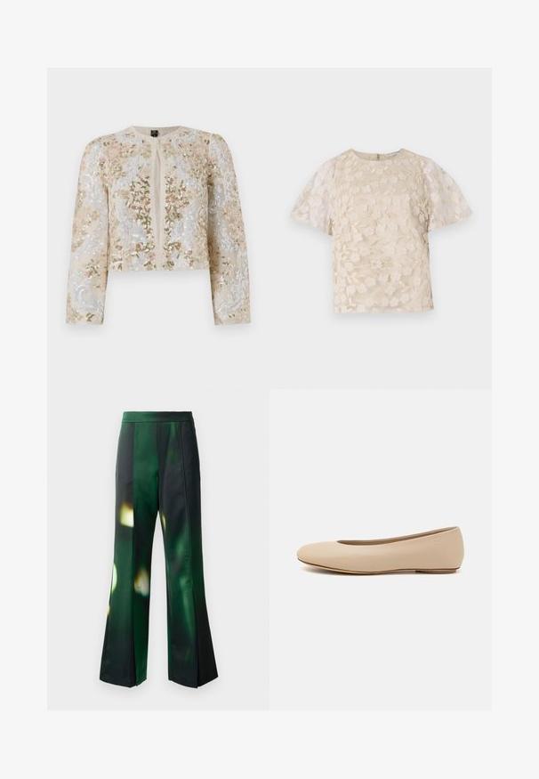 Giacca cropped ricamata in beige con motivi floreali in rosa, verde e blu. Presenta maniche lunghe e scollo rotondo.; Blusa beige con ricami floreali, maniche a sbuffo trasparenti, scollatura tonda e chiusura con cerniera sul retro. Motivo floreale testurizzato sul pannello anteriore.; Pantaloni a zampa d'elefante in tessuto raso verde e nero con un motivo astratto, caratterizzati da una texture liscia e una vita strutturata.; Ballerine in pelle beige con punta arrotondata, dettagli di cucitura minimi, tacco basso e logo discreto sul retro. Texture liscia e opaca.