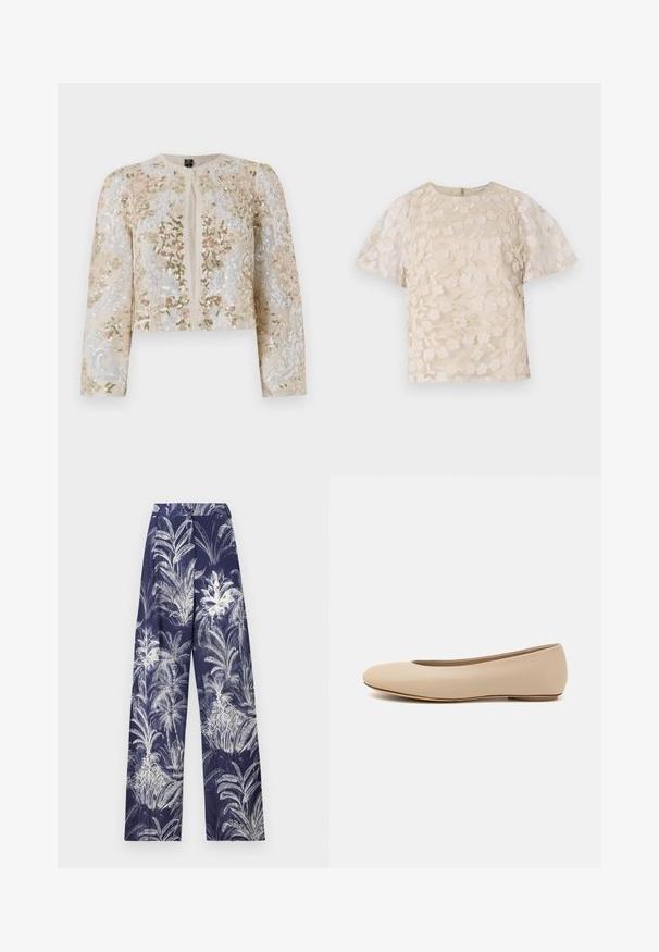 Hímesített, bézs színű, cropped dzseki rózsaszín, zöld és kék virágmotívumokkal. Hosszú ujjaival és kerek nyakkivágásával rendelkezik.; Beige blúz virágos hímzéssel, áttetsző puffos ujjakkal, kerek nyakkivágással és hátsó cipzáras zárással. Textúrált virágmintázat az elülső panelen.; Tengerészeti, széles lábú nadrág fehér pálmalevél mintával, strukturált derékrésszel és puha tapintással. Részletezve texturált elemekkel az egész nadrágon.; Beige bőr balettcipő lekerekített orral, minimális varrás részletekkel, alacsony sarkú és diszkrét logóval a hátsó részen. Simább, matt textúrájú.