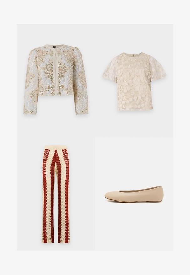Beige geborduurd cropped jack met florale motieven in roze, groen en blauw. Heeft lange mouwen en een ronde halslijn.; Beige blouse met bloem borduursels, doorschijnende pofmouwen, ronde halslijn en rits op de rug. Getextureerd bloemmotief op het voorpaneel.; Gehaakte broeken met een aangesloten taille, voorzien van afwisselend rode en crèmekleurige verticale strepen, wijd uitlopende pijpen en een open weefstructuur.; Beige leren ballerina met een ronde neus, minimale naaidetailing, lage hak en subtiel logo op de achterkant. Gladde, matte textuur.