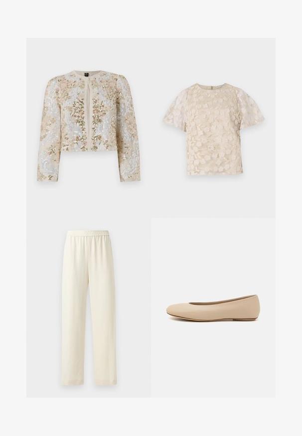 Veste courte brodée en beige avec des motifs floraux en rose, vert et bleu. Comprend des manches longues et un col rond.; Blouse beige avec broderie florale, manches bouffantes transparentes, encolure ronde et fermeture éclair au dos. Motif floral texturé sur le panneau avant.; Pantalons droite de couleur crème, avec une taille élastique, une texture lisse et sans motifs ni éléments métalliques visibles.; Ballerines en cuir beige avec un bout arrondi, un minimum de coutures, un petit talon et un logo subtil à l'arrière. Texture lisse et mate.