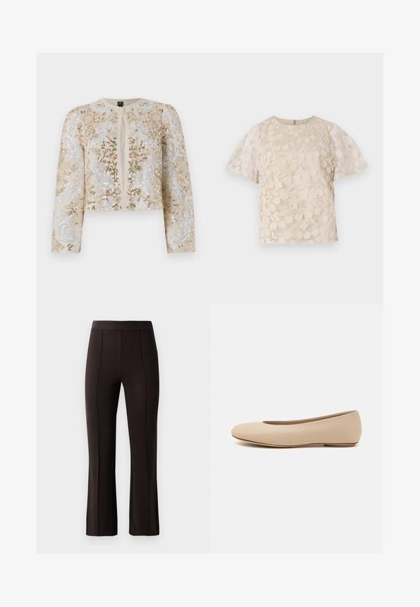 Hímesített, bézs színű, cropped dzseki rózsaszín, zöld és kék virágmotívumokkal. Hosszú ujjaival és kerek nyakkivágásával rendelkezik.; Beige blúz virágos hímzéssel, áttetsző puffos ujjakkal, kerek nyakkivágással és hátsó cipzáras zárással. Textúrált virágmintázat az elülső panelen.; Fekete, testhez álló nadrág, illeszkedő derékpánttal, sima elülső résszel és enyhe szárszélesítéssel az alján, sima, rugalmas anyagból készült.; Beige bőr balettcipő lekerekített orral, minimális varrás részletekkel, alacsony sarkú és diszkrét logóval a hátsó részen. Simább, matt textúrájú.