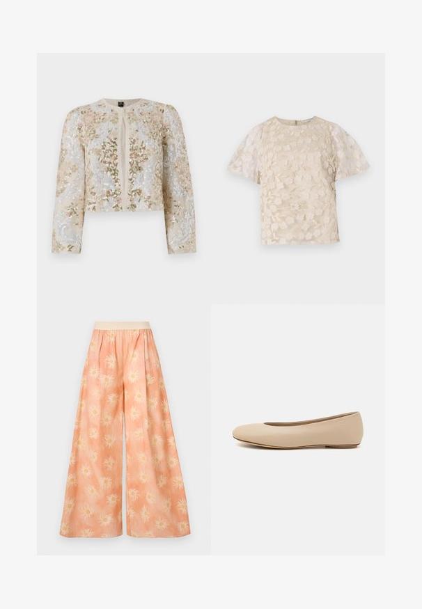 Beige geborduurd cropped jack met florale motieven in roze, groen en blauw. Heeft lange mouwen en een ronde halslijn.; Beige blouse met bloem borduursels, doorschijnende pofmouwen, ronde halslijn en rits op de rug. Getextureerd bloemmotief op het voorpaneel.; Wijd-uitlopende broeken van licht perzikkleurige stof met een zonnenpatroon in het wit en gele centra, een elastische tailleband en een zachte textuur.; Beige leren ballerina met een ronde neus, minimale naaidetailing, lage hak en subtiel logo op de achterkant. Gladde, matte textuur.