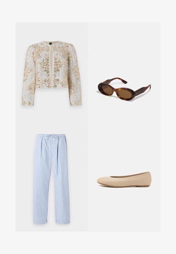 Beżowa haftowana kurtka o kroju crop z kwiatowymi motywami w kolorze różowym, zielonym i niebieskim. Posiada długie rękawy i okrągły dekolt.; Beżowa bluzka z kwiecistym haftem, przezroczystymi bufiastymi rękawami, okrągłym dekoltem i zamkiem błyskawicznym z tyłu. Teksturowany kwiatowy wzór na przednim panelu.; Jasnoniebieskie i białe pasiaste spodnie od piżamy z elastycznym paskiem, charakteryzujące się luźnym krojem i podwiniętymi nogawkami. Wykonane z miękkiego, lekkiego materiału.; Beżowe skórzane baleriny z zaokrąglonym noskiem, minimalnymi szwami, niskim obcasem oraz subtelnym logo z tyłu. Gładka, matowa tekstura.; Okulary przeciwsłoneczne w stylu żółwi, z owalnymi soczewkami, brązowym odcieniem i złotymi akcentami na ramionach. Grube oprawki o błyszczącej powierzchni i gładkiej fakturze.