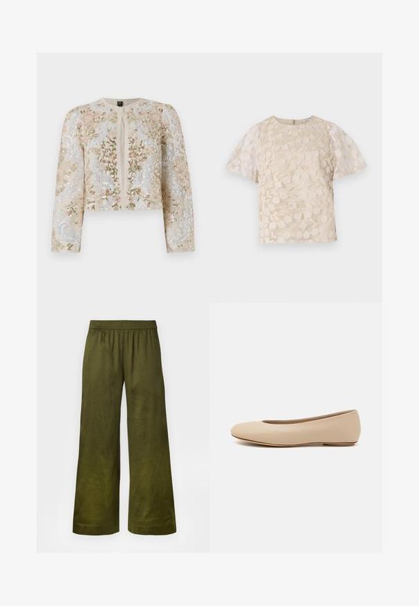 Bestickte, taillierte Jacke in Beige mit blühenden Motiven in Pink, Grün und Blau. Verfügt über lange Ärmel und einen runden Ausschnitt.; Beige Bluse mit floralem Stickmuster, durchsichtigen Puffärmel, Rundhalsausschnitt und Reißverschluss hinten. Texturiertes Blumenmuster auf der Vorderseite.; Weit geschnittene Hosen aus olivgrünem Stoff mit einem elastischen Bund und einer glatten Textur. Keine sichtbaren Muster oder Akzente.; Beige Leder-Ballerina mit runder Zehenform, minimaler Nahtgestaltung, niedrigem Absatz und dezentem Logo auf der Rückseite. Glatte, matten Oberfläche.