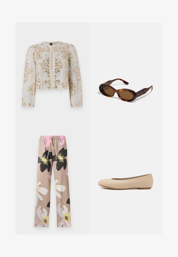 Bestickte, taillierte Jacke in Beige mit blühenden Motiven in Pink, Grün und Blau. Verfügt über lange Ärmel und einen runden Ausschnitt.; Beige Bluse mit floralem Stickmuster, durchsichtigen Puffärmel, Rundhalsausschnitt und Reißverschluss hinten. Texturiertes Blumenmuster auf der Vorderseite.; Beige Blumenmuster-Hosen mit großen schwarz-weißen Blumendesigns, ausgestattet mit einem elastischen Bund und einer pinken Kordel.; Beige Leder-Ballerina mit runder Zehenform, minimaler Nahtgestaltung, niedrigem Absatz und dezentem Logo auf der Rückseite. Glatte, matten Oberfläche.; Schildpatt-Sonnenbrille mit ovalen Gläsern, braunem Farbton und goldenen Akzenten an den Bügeln. Dicke Rahmen mit glänzender Oberfläche und glatter Textur.