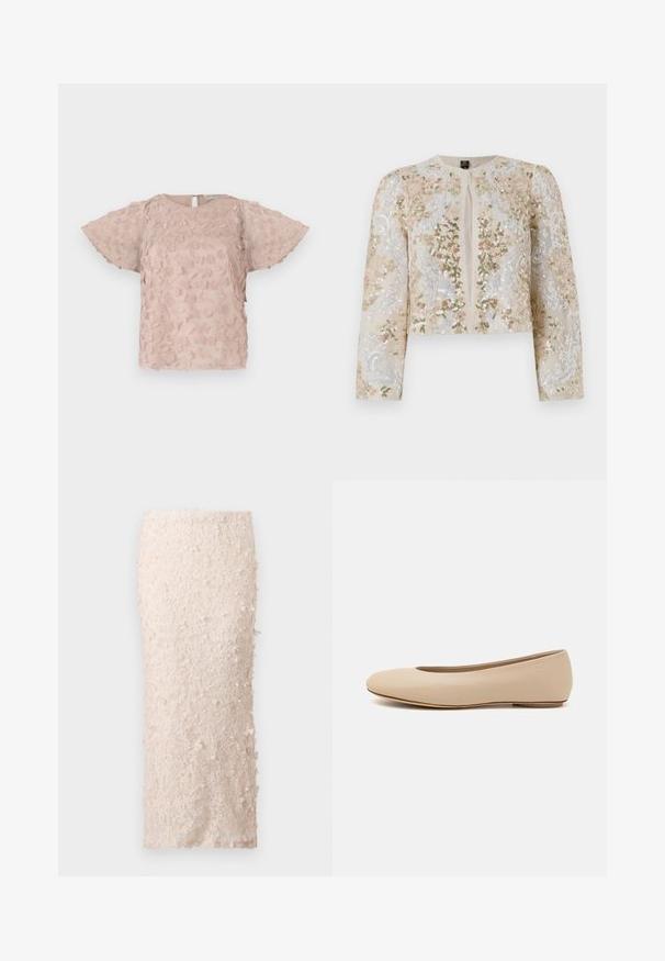 Jachetă scurtă brodată în bej, cu motive florale în roz, verde și albastru. Are mâneci lungi și decolteu rotund.; Bluză brodată roz, cu modele florale, mâneci scurte și vaporoase și închidere la spate cu ușă cheie. Țesătură moale și texturată.; Fustă creion crem din dantelă cu aplicații florale. Designul este ajustat, având o textură netedă și embellismente detaliate.; Balerini din piele bej, cu vârful rotund, detalii de cusătură minime, toc mic și un logo subtil pe partea din spate. Textură netedă, mată.