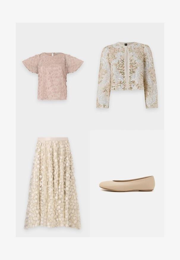 Hímesített, bézs színű, cropped dzseki rózsaszín, zöld és kék virágmotívumokkal. Hosszú ujjaival és kerek nyakkivágásával rendelkezik.; Rózsaszín hímzett blúz virágmintákkal, rövid fodros ujjakkal és kulcslyuk hátkivágással. Puha, texturált anyag.; Virágos hímzés egy áttetsző, krém színű szoknyán, selyem derékkal. A mintázat kis, finom virágokat és leveleket ábrázol.; Beige bőr balettcipő lekerekített orral, minimális varrás részletekkel, alacsony sarkú és diszkrét logóval a hátsó részen. Simább, matt textúrájú.