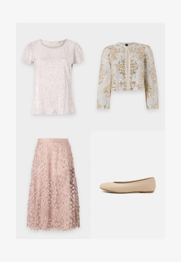 Jachetă scurtă brodată în bej, cu motive florale în roz, verde și albastru. Are mâneci lungi și decolteu rotund.; Top cu mânecă scurtă de culoare bej deschis, cu o suprafață texturată împodobită cu mărgele, având o guler rotund și mâneci bufante.; Fustă midi din dantelă în roz deschis cu broderie florală, având un talie ajustată și un design în straturi, accentuând o textură delicată.; Balerini din piele bej, cu vârful rotund, detalii de cusătură minime, toc mic și un logo subtil pe partea din spate. Textură netedă, mată.
