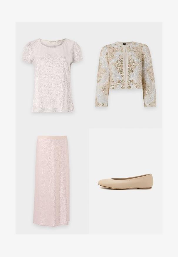 Beżowa haftowana kurtka o kroju crop z kwiatowymi motywami w kolorze różowym, zielonym i niebieskim. Posiada długie rękawy i okrągły dekolt.; Krótki rękaw top w jasnym beżu z teksturowaną powierzchnią ozdobioną cekinami, z okrągłym dekoltem i marszczonymi rękawami.; Różowa spódnica z cekinami z gładkim paskiem w talii, charakteryzująca się teksturowaną powierzchnią i fasonem A-line do kolan. Odbijające światło cekiny tworzą migoczący efekt.; Beżowe skórzane baleriny z zaokrąglonym noskiem, minimalnymi szwami, niskim obcasem oraz subtelnym logo z tyłu. Gładka, matowa tekstura.