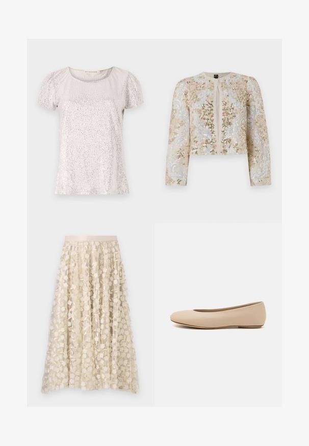 Embroidered cropped jacket in beige with floral motifs in pink, green, and blue. Features long sleeves and a round neckline.; Short-sleeve top in light beige with a textured surface adorned with sequins, featuring a round neckline and gathered sleeves.; Floral embroidery on a sheer, cream-colored skirt with a satin waistband. The design features small, delicate flowers and leaves.; Beige leather ballet flat with rounded toe, minimal seam detailing, low heel, and subtle logo on the back. Smooth, matte texture.