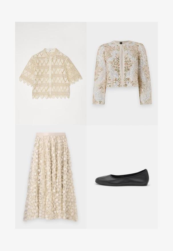 Hímesített, bézs színű, cropped dzseki rózsaszín, zöld és kék virágmotívumokkal. Hosszú ujjaival és kerek nyakkivágásával rendelkezik.; Krém színű csipke blúz rövid ujjal, gombos elülső részen, virágmintákkal, fodros szélekkel és kis gallérral.; Virágos hímzés egy áttetsző, krém színű szoknyán, selyem derékkal. A mintázat kis, finom virágokat és leveleket ábrázol.; Fekete bőr balettcipő lekerekített orral, sima tekstúrával, minimális varrással és rugalmas talp kialakítással.